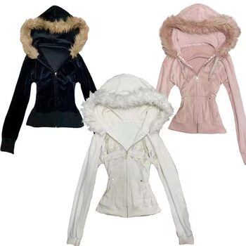 Coat Retro European and American Street Style Design Punk Slim Fit Zipper Plush Brim Hooded Sweatshirt Jacket for Women