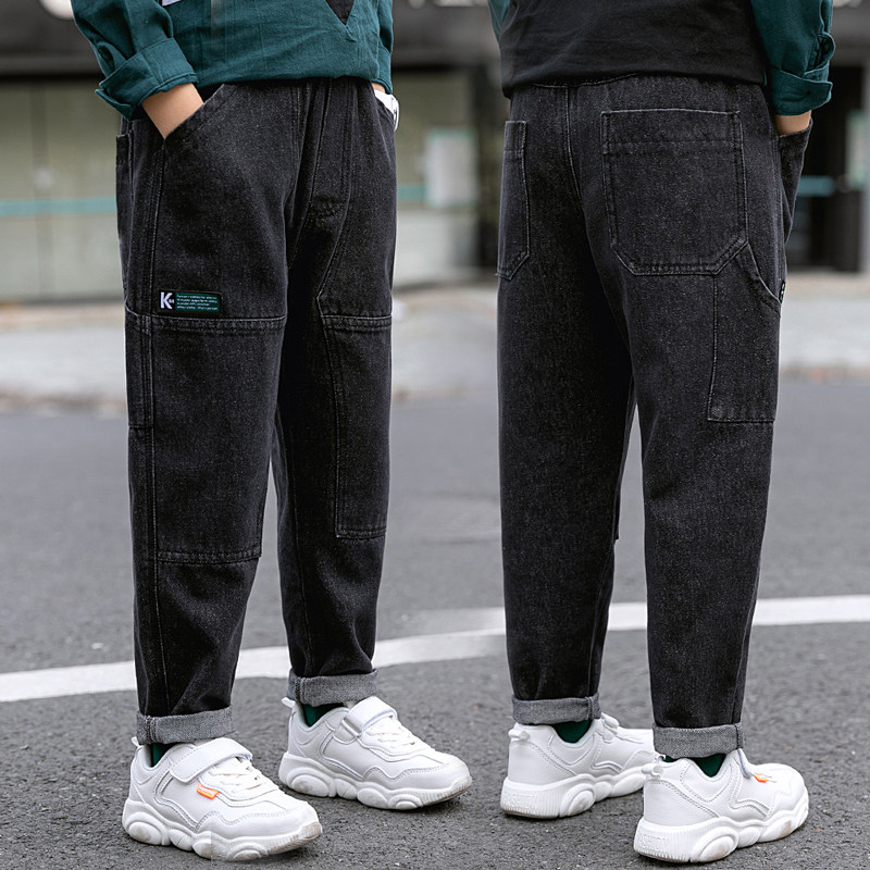 Boys' pants Autumn/Winter New 2021 Big Kids Pants Handsome Fat Kids Kids Jeans All-in-one plush thickened