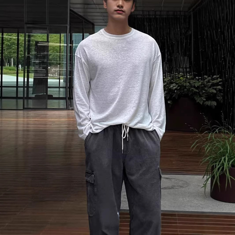 Korean Dongdaemun Men's Long-Sleeve T-Shirt, Thin and Breathable, High-End Feel, Linen Ice Silk, Loose Fit, Sun Protection, Base Layer T-Shirt