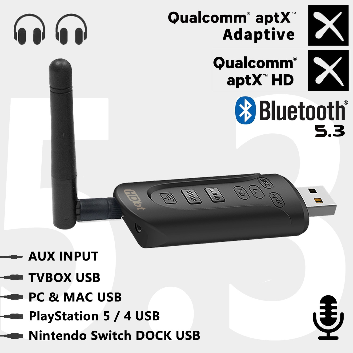 CSR Qualcomm QCC Core Adaptive APTX HD LL Bluetooth 5 3 Audio USB transmitter TV PC PS5