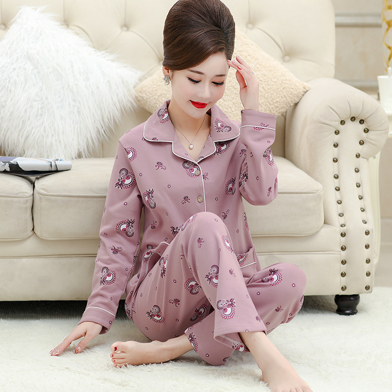 Middle-aged 40-50-60-year-old elderly mother pajamas female spring and autumn long-sleeved cotton spring and summer suit home clothes