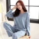 Phong cách Hàn Quốc đồ ngủ nữ mùa xuân và mùa thu cotton tinh khiết dài tay plus fat plus size MM200 catties lỏng lẻo mùa thu và đông dịch vụ tại nhà - Bên ngoài ăn mặc