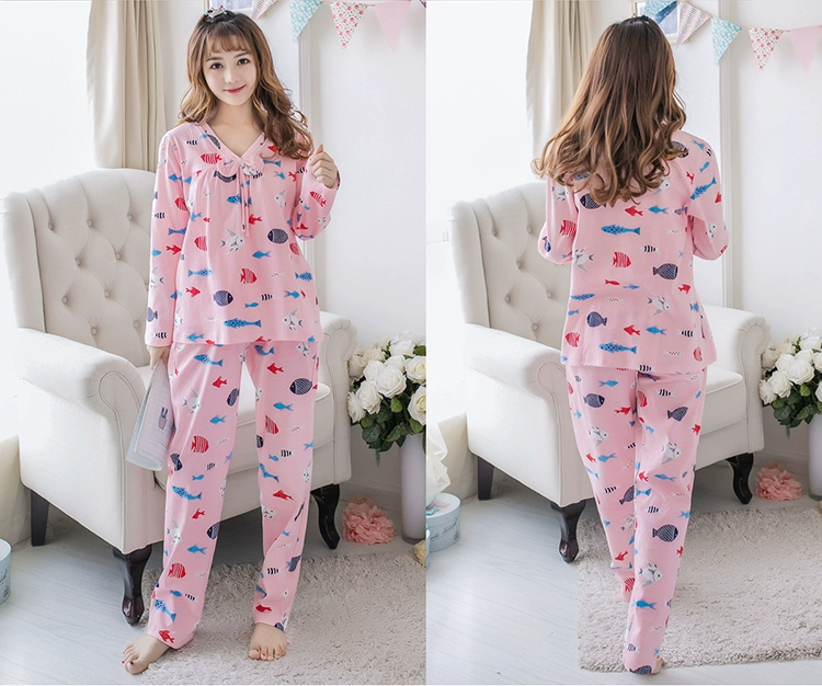 Phong cách Hàn Quốc đồ ngủ nữ mùa xuân và mùa thu cotton tinh khiết dài tay plus fat plus size MM200 catties lỏng lẻo mùa thu và đông dịch vụ tại nhà - Bên ngoài ăn mặc