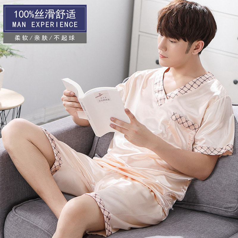 Men Summer Summer Ultra Thin Silk Short Sleeve Men's Sleeping Clothing Headsets Men's Ice Silk Sliding New Suit