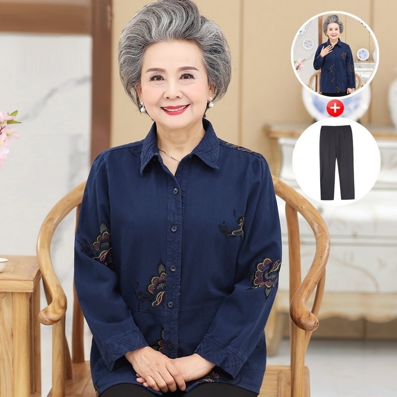 Mom's Pure Cotton Shirt, Long-Sleeved Top, All-Cotton Denim Jacket, Spring Shirt for Middle-Aged and Elderly Women, Grandma's Autumn Clothing