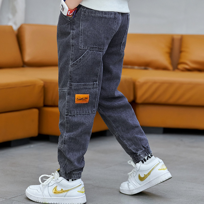 Boys pants Fall/Winter 2021 boys' one-piece velvet jeans plus fleece in the big boy loose trousers children's cargo pants