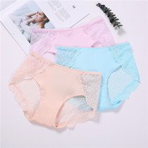 Pure cotton underwear womens mid-waist lace transparent sexy and hot mid-waist threaded girl birth seamless triangle underpants