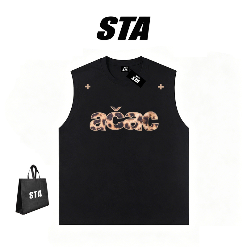Sta American Trendy Brand Leopard Print Acac Letter Print Sleeveless Pure Cotton Vest Unisex Loose Sports Fitness T-Shirt Summer Sta American Trendy Brand Leopard Print Acac Letter Print Sleeveless Pure Cotton Vest Unisex Loose Sports Fitness T-Shirt Summer