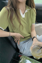 Bull Oil Fruits Green Short Sleeve T-shirt Woman Thin collar Ice Silk Knit Cardigan Design Sensation Polo Collar Short blouses