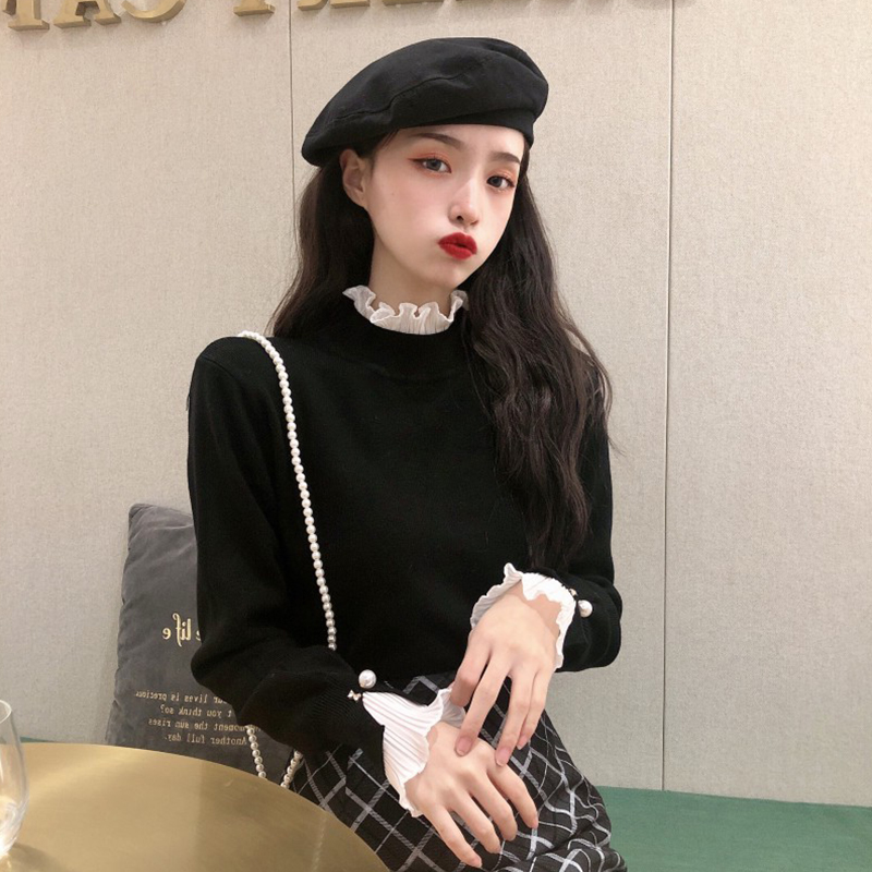 2022 autumn and winter new ruffled stitching black top women's slim fit half turtleneck warm knitted bottoming shirt