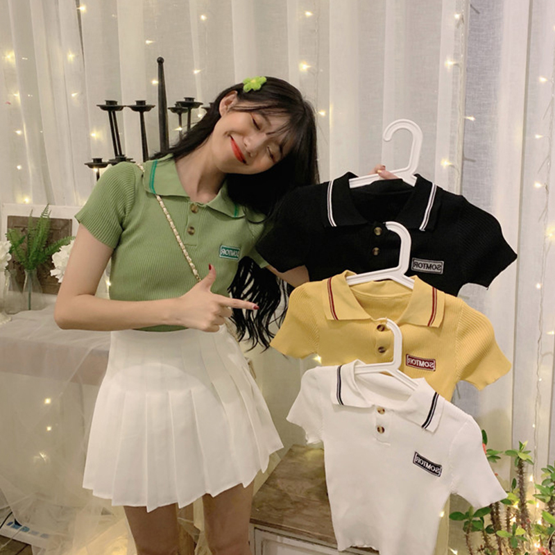 Avocado green ice silk knitted sweater short-sleeved Korean version Hyuna style POLO shirt short tight-fitting slim navel top women