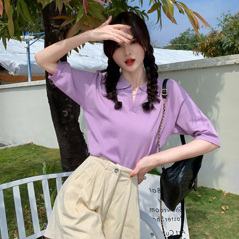 Purple Short Sleeve T-Shirt Summer New Ladded Ice Wire Knife Design Sense Polo Collady Short Line