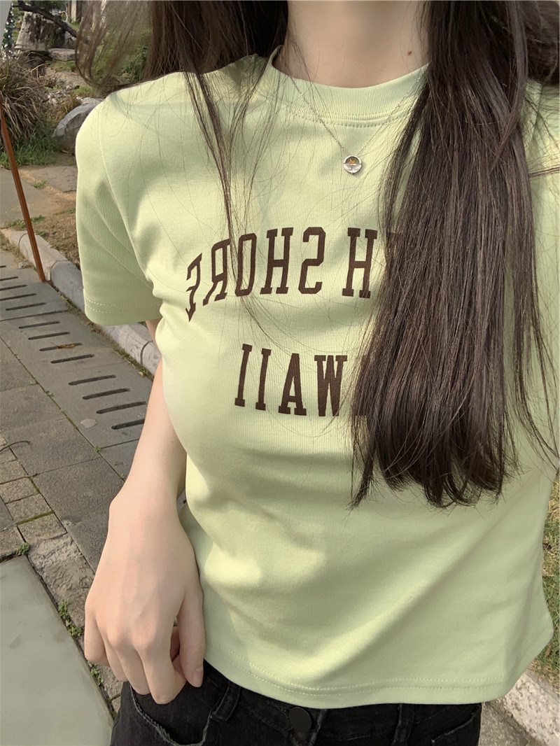 Port Taste Letter Printed Short Sleeves Positive Shoulder T-shoulder T-shirt Woman Summer Body Design Feel Small Crowdbln Hot Girl Blouse