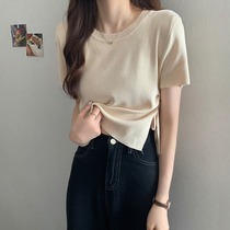 Drawing rope short sleeve T-shirt female summer new side open fork ice silk knit cardigan design feeling small crowdsourced blouses