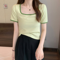Summer 2022 new open collarbone square collar short sleeve T-shirt woman with slim design sense short right shoulder blouses