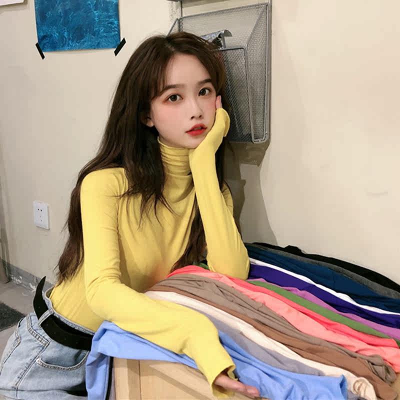 Autumn's new high-neck bottoming shirt is slim and slim, with a pure cotton T-shirt design, a small short top ins