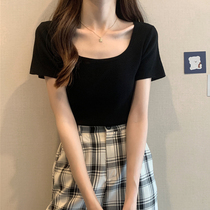 Summer new square collar short sleeve T-shirt female ice silk knit cardigan with small crowdsourced shorts for blouses