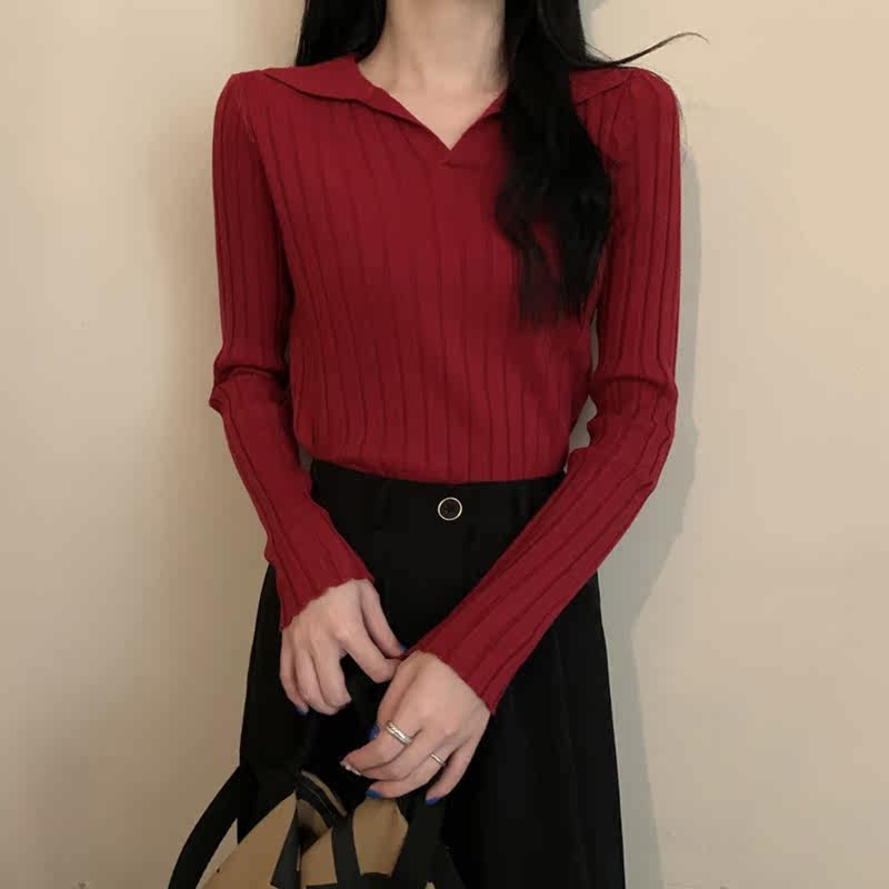 Fall New Wine Red V Collar Long Sleeve Knit Bottom Polo Shirt Woman Sashimi Design Feel Short of the jacket