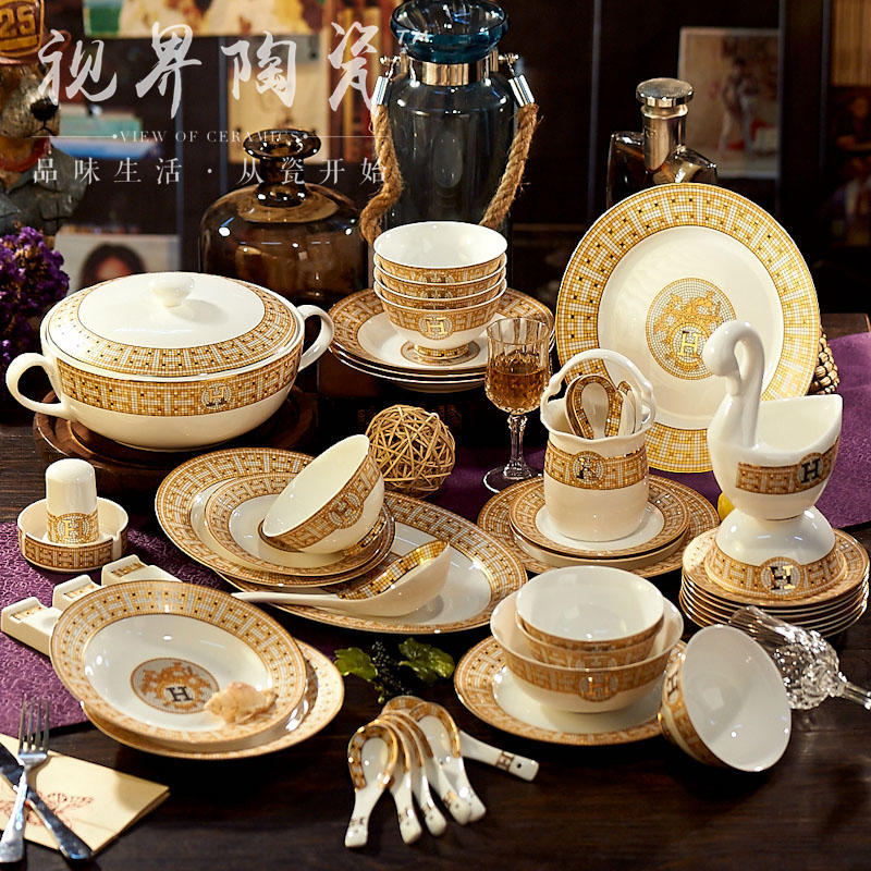 Jingdezhen Ceramic Bowl and Plate Set for Home Use, Light Luxury European Style Bowl and Plate Set, High-End Gift Box, Bone China Tableware Set