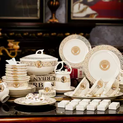 Jingdezhen ceramic tableware bone china dish set household European 60 head set Bowl plate combination high-end gift