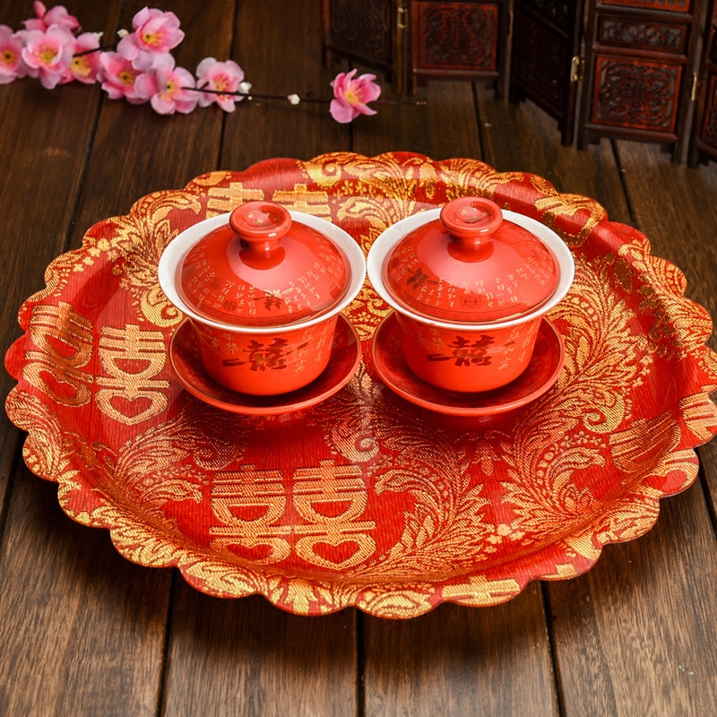 Wedding supplies Wedding supplies Bridal dowry Big red festive fruit plate Tea cup Large tray Tea plate