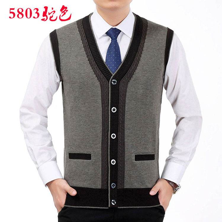 Mùa xuân và mùa thu dệt kim đan vest nam trung niên của nam giới v-cổ cardigan mỏng cashmere vest ông nội vest vest