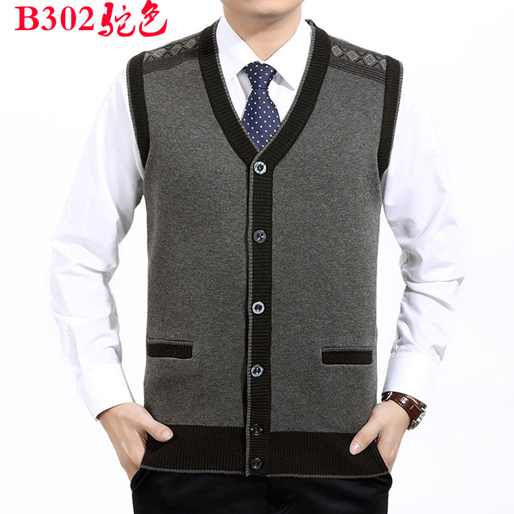 Mùa xuân và mùa thu dệt kim đan vest nam trung niên của nam giới v-cổ cardigan mỏng cashmere vest ông nội vest vest