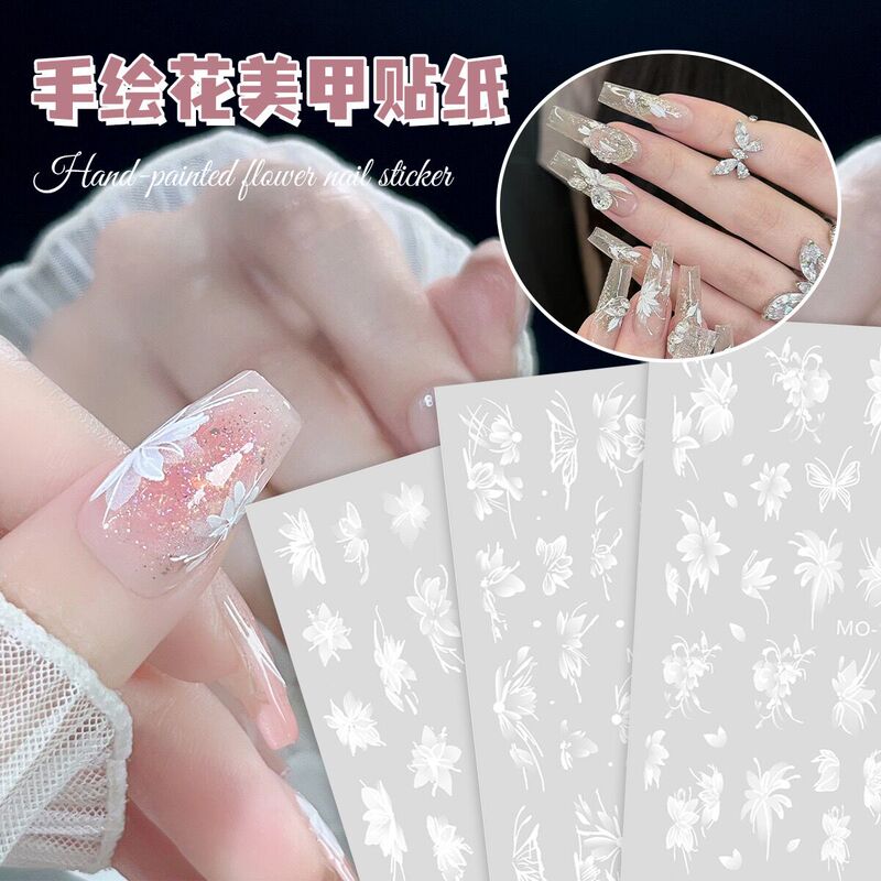 Nail Art Influencer Snow Grass Stickers Hand-Painted White Semi-Transparent Petals Ice Flower Five-Petal Nail Decals Thin and Flexible Decorations