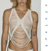 Australian niche DL sexy double-layer V-neck tassel fishnet hollow knitted tight sleeveless vest suspender two-piece set