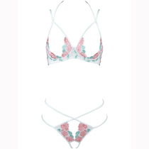 Soutien-gorge en dentelle pour femmes lingerie Sexy brodée de roses à armatures fuite de poitrine entrejambe ajouré pure luxure tentation