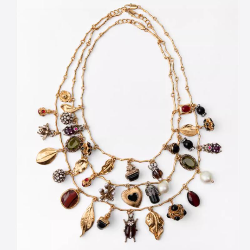 Over 39  Zara 3-Layer Stacked Heart Leaves Insect Flower Pendant Necklace Retro Handmade Clavicle Chain