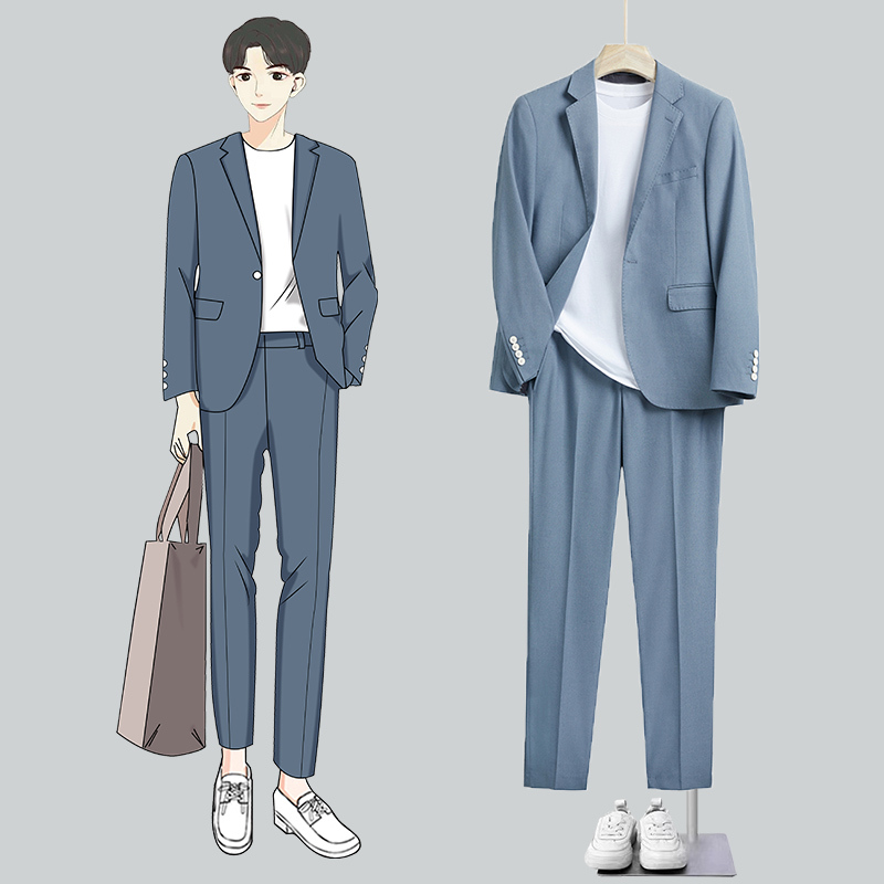 New Men's Suit Set, Casual Haze Blue Slim Fit Groom Wedding Blazer, Trendy Workwear Fashion