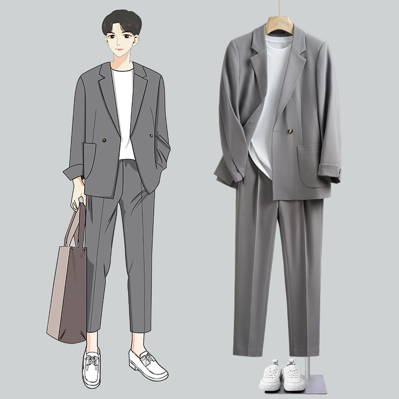 High-End, Drapey Casual Suit Set for Men, Loose-Fitting, Korean Style, Handsome, Cool, Trendy, Mature, Small Suit Jacket, Fashionable