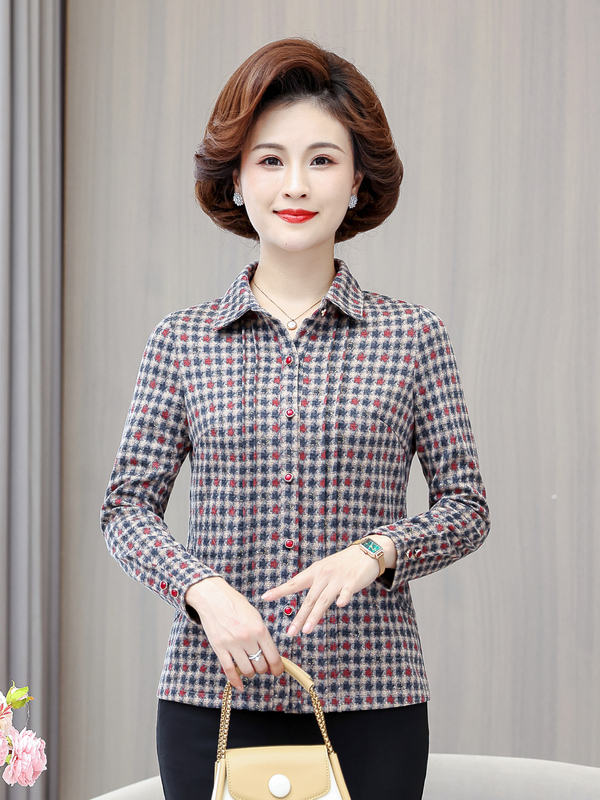 Middle-Aged and Elderly Women's Shirts 2026 Spring and Autumn New Style Petite Mother's Floral Slim-Fit Long-Sleeve Cardigan Mother-In-Law Top