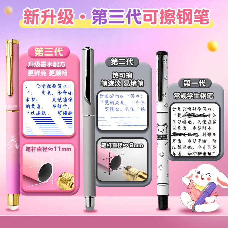 Hero Brand Thermosensitive Erasable Pen for Third-Grade Students, Special for Posture Correction and Handwriting Practice, High-Value Erasable Pen with Replaceable Ink Cartridges, Children's Magic Easy-Erase Tool, Officially Authorized