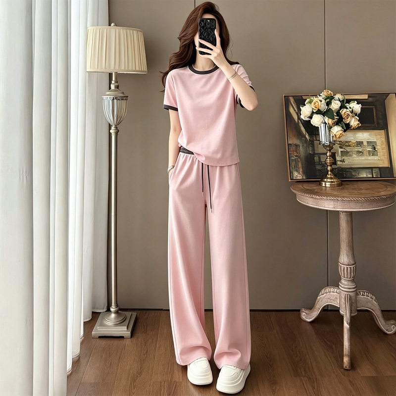 Supdorx~High-End Casual Sports Suit for Women 2026 Summer New Style Super Popular Short-Sleeved Wide-Leg Pants Two-Piece Set