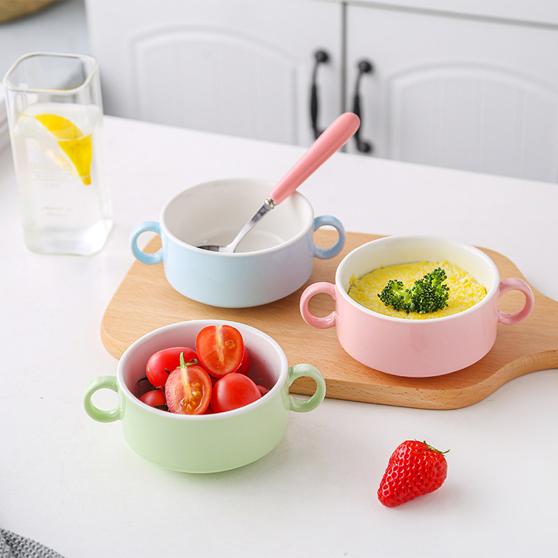 Double Ear Ceramic Rice Bowl Baby Deputy Food Bowl cooking Baby special rice burnt bowl Chicken Egg Spoon Bowl