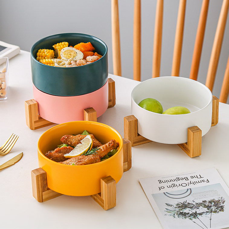 Net red ins ceramic bowl single creative home personality vegetable salad bowl Nordic large with wooden frame base