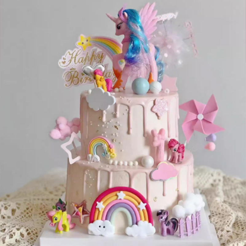 Cartoon Pony Princess Cake Decoration Ornaments Rainbow Unicorn Rocking Horse Baby Girl Baking Decoration Plug-In