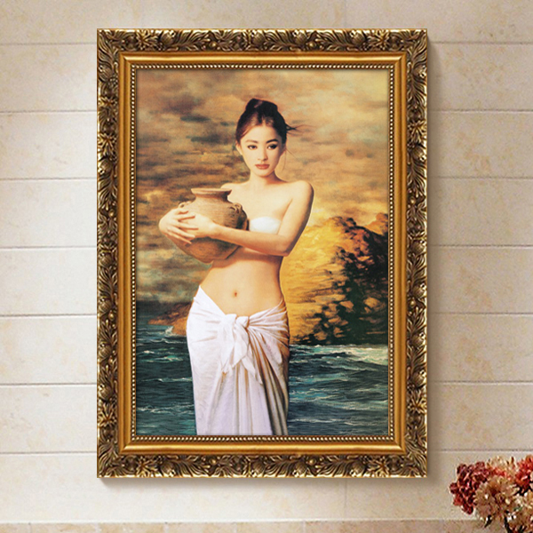 Bathroom Hanging Painting with Ceramic Figures, Realistic Oil Painting, European-Style Art Decoration Painting with Frame for Living Room and Bedroom