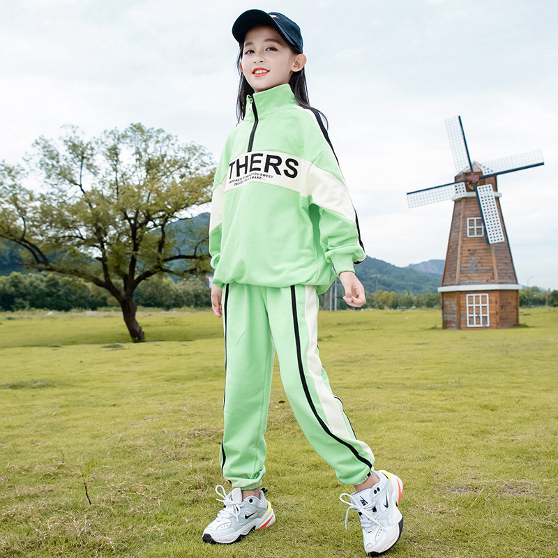 Girl Spring Clothing Suit Foreign Pie 2022 New Spring Autumn Season Children Sports Clothes Two Sets CUHK Children's Nets Red Trendy