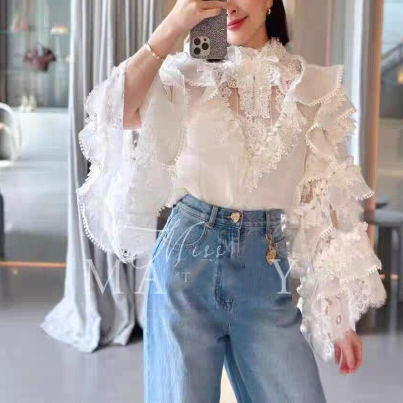 Light Luxury High-End Custom 2026 Spring/Summer Runway New Heavy Lace Trim Bell Sleeve Loose Top Shirt