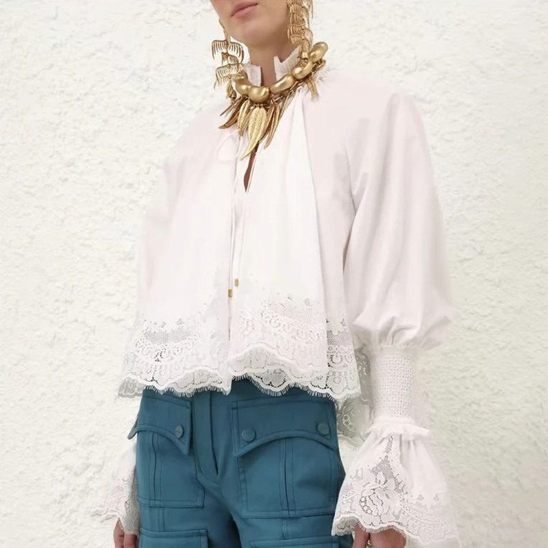 New Lace Embroidered Trim with Flared Cuffs, Pure White Vacation-Style Versatile Top Shirt