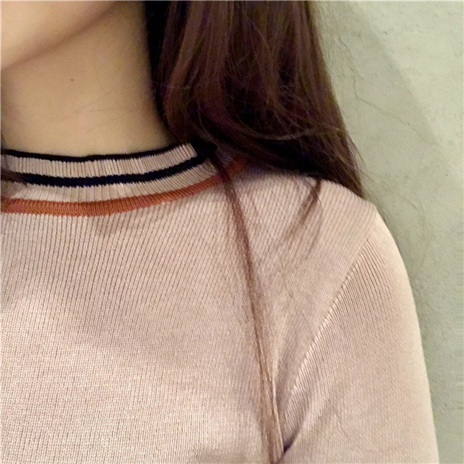Retro Hàn Quốc chic màu tương phản sọc cổ áo ren đáy áo sơ mi mỏng phần dài tay áo thun áo len áo kiểu nữ