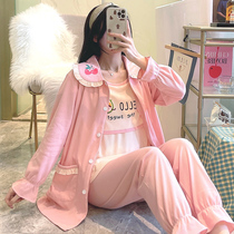 Maternity pajamas Spring and autumn long-sleeved cotton three-piece set postpartum confinement feeding clothes Summer thin pregnancy home clothes