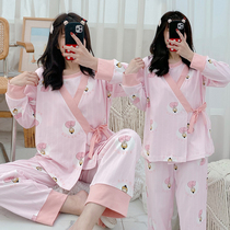 Maternity pajamas Womens pure cotton long-sleeved spring and summer thin section Pregnancy three-piece set Maternal feeding postpartum nursing month clothes