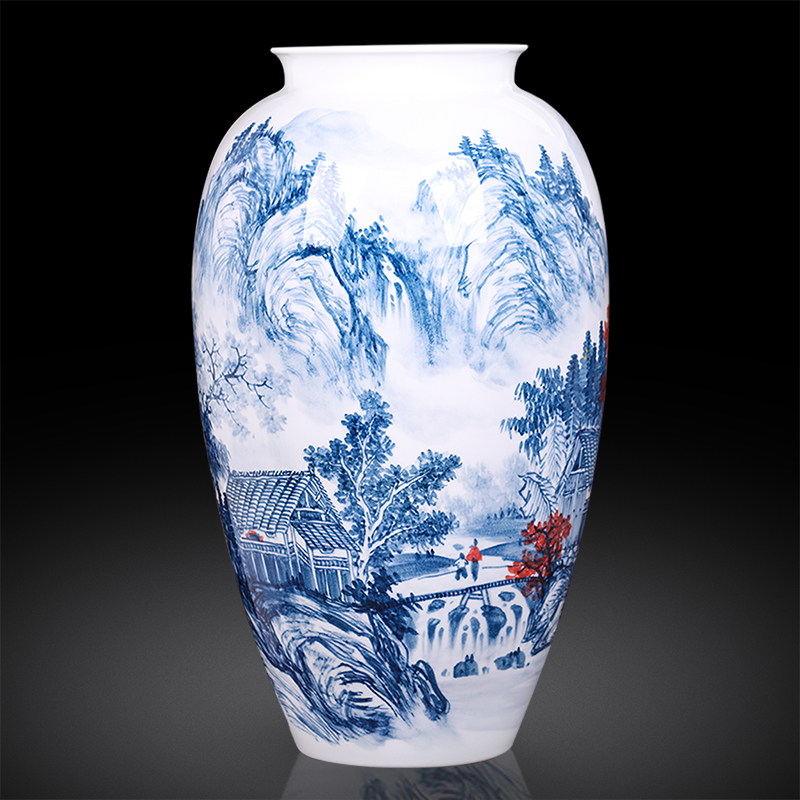 Jingdezhen ceramics master hand made blue and white porcelain vases, landscape painting of the sitting room porch decoration of the new Chinese style furnishing articles