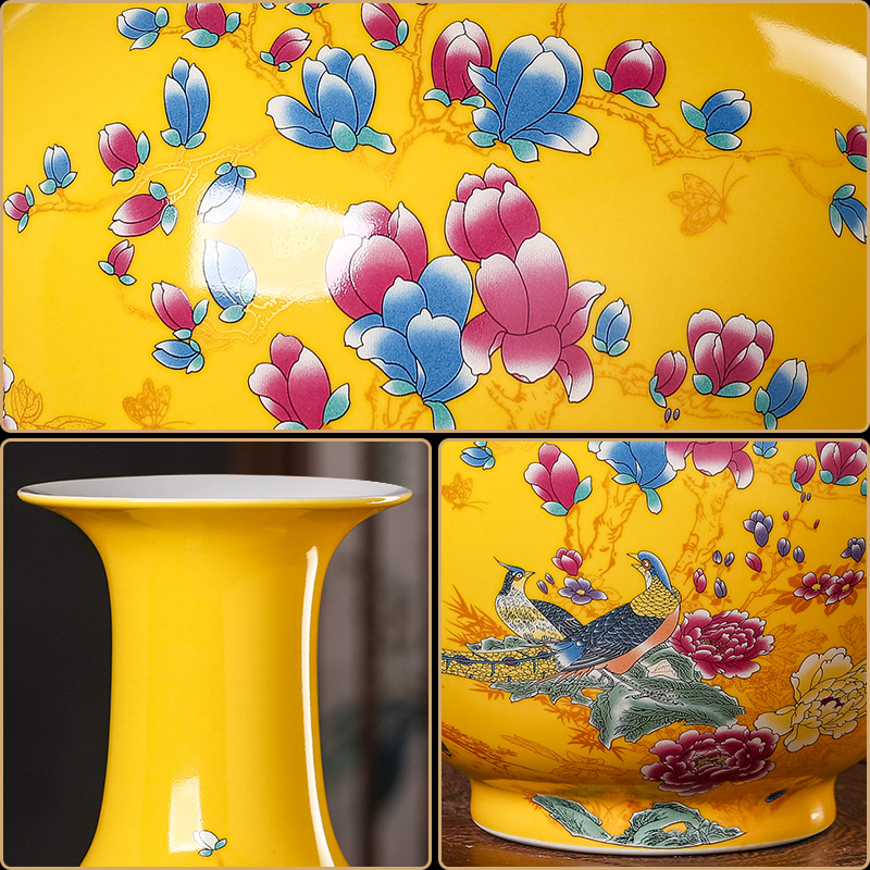Jingdezhen ceramics vase flower arranging yellow rich ancient frame of Chinese style household craft furnishing articles, the sitting room porch decoration