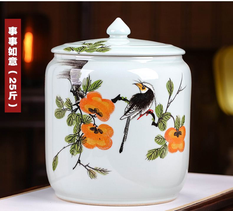 Jingdezhen ceramic hand - made barrel household seal 15 pounds 25 kg pack with cover insect moistureproof tea cylinder storage tank