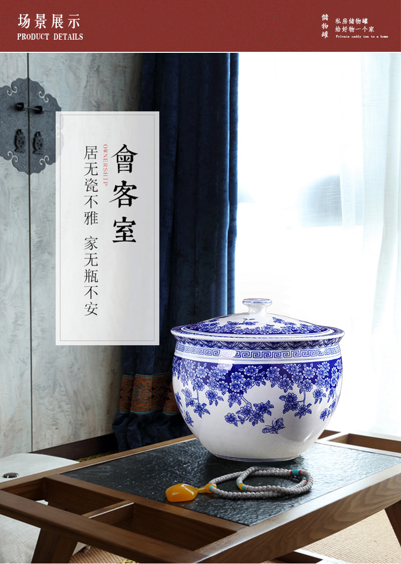 Jingdezhen blue and white porcelain tea pot with cover household ceramics from 20 jins puer tea cake storage tank sealing a large